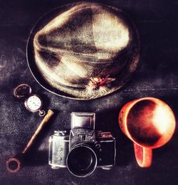 High angle view of camera on table