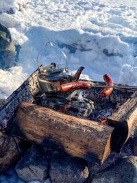 High angle view of fire in winter