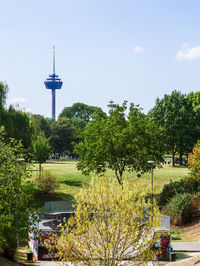 View of trees and buildings against sky