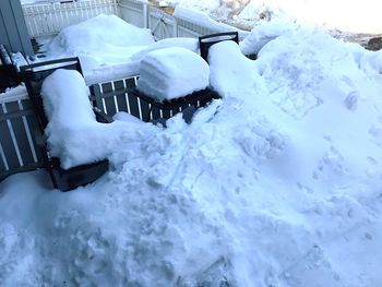 High angle view of snow covered field