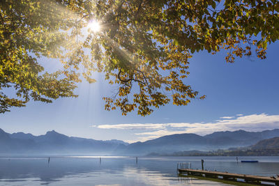 Scenic view of lake against sky on sunny day