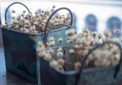 Close-up of rusty metal on table