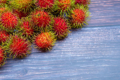 High angle view of strawberries on table