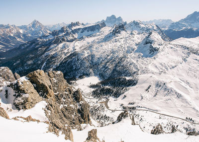 Scenic view of snow covered mountains against clear sky