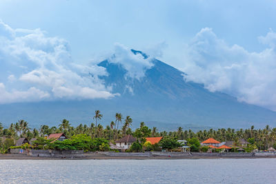 Beautiful balinese seascape view on volcano agung in amed village. bali, indonesia