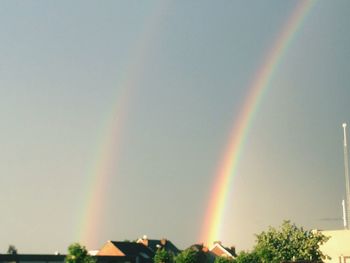 Low angle view of rainbow over trees against sky
