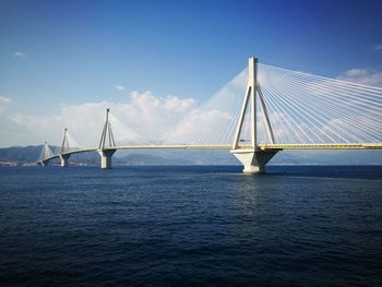 Suspension bridge over river against blue sky