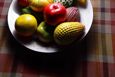 High angle view of fruits in bowl on table