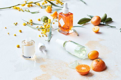 Still life display of skin care products with fruits and branches