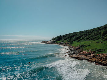 Scenic view of sea against clear blue sky