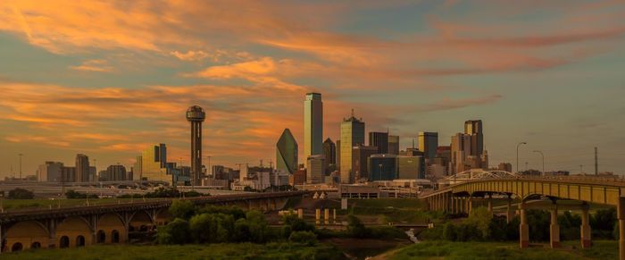 Panoramic view of city against cloudy sky during sunset