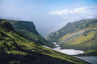 View of amazing landscape in iceland while trekking famous laugavegur trail