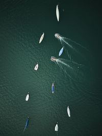 Boat on the lake from high angle view shot with drone