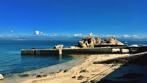 Scenic view of sea against blue sky