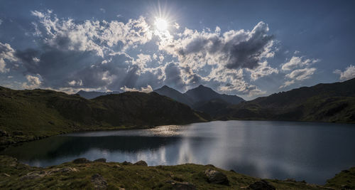 Scenic view of lake and mountains against sky