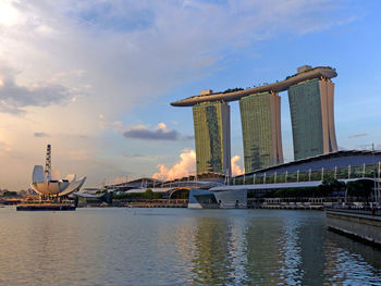 Bridge over river with city in background