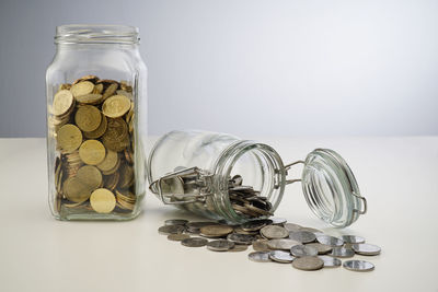 Close-up of coins on table against white background