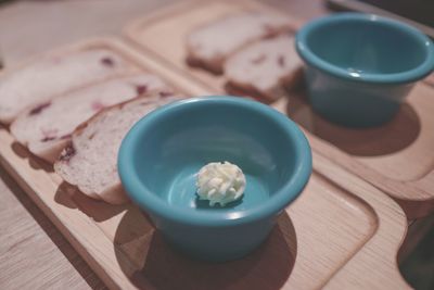 High angle view of food in plate on table