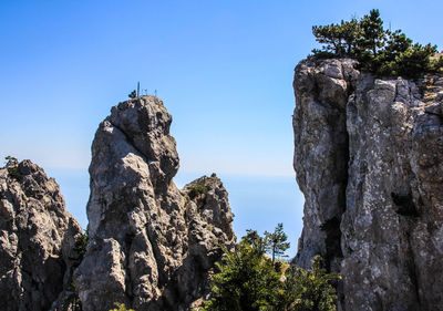 Low angle view of rock formation against clear blue sky