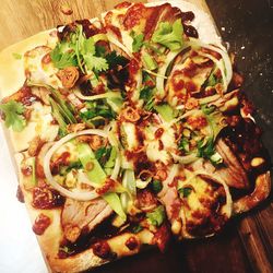 Close-up of food served on table