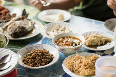 High angle view of food served on table