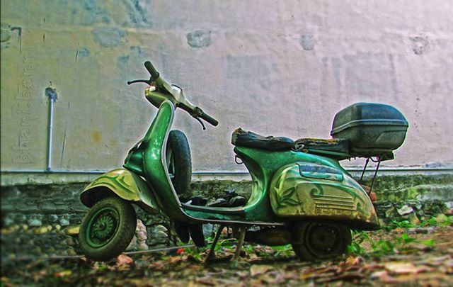 transportation, mode of transport, land vehicle, stationary, car, abandoned, old, green color, obsolete, outdoors, day, no people, parked, plant, close-up, street, old-fashioned, focus on foreground, damaged, parking