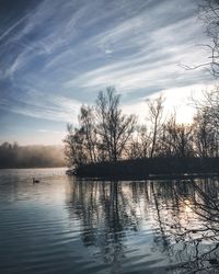 Silhouette bare trees by lake against sky