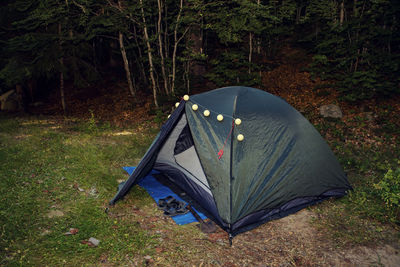 Tent on field by trees in forest