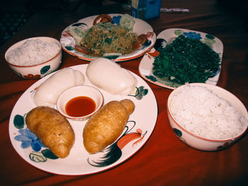 High angle view of breakfast served on table