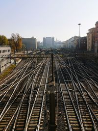 Railroad tracks in city against clear sky