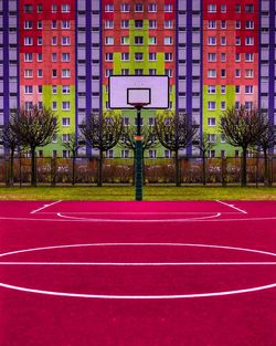 View of basketball hoop in city