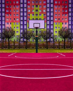 View of basketball hoop in city