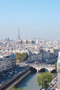 Aerial view of bridge over river and buildings in city