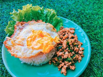 High angle view of breakfast served in plate