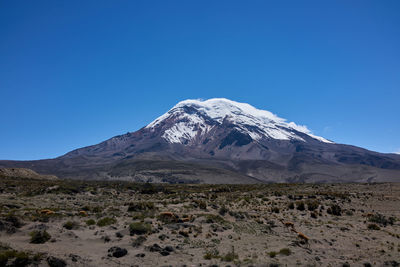 Scenic view of snowcapped mountains against clear blue sky