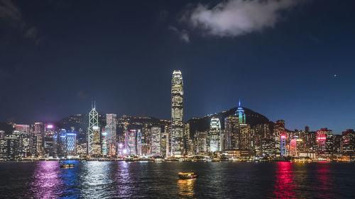 Illuminated city buildings at night