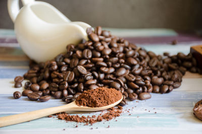 Close-up of coffee beans on table