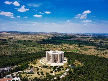 High angle view of buildings against sky