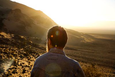 Rear view of man looking at mountains