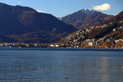 Scenic view of sea by buildings against sky