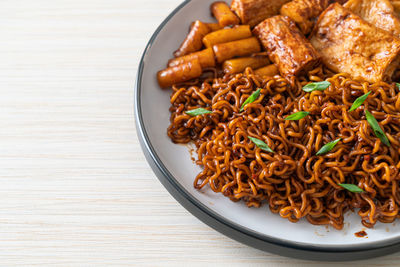 High angle view of food in plate on table