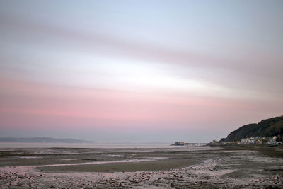 Scenic view of beach against sky during sunset