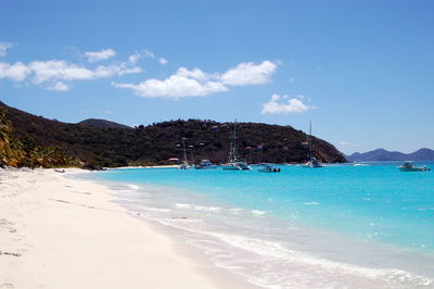 Scenic view of beach against blue sky