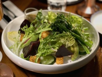 High angle view of salad in bowl on table