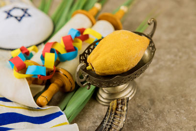 High angle view of dessert on table