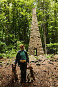Rear view of man standing in forest
