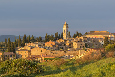 High angle view of buildings against sky