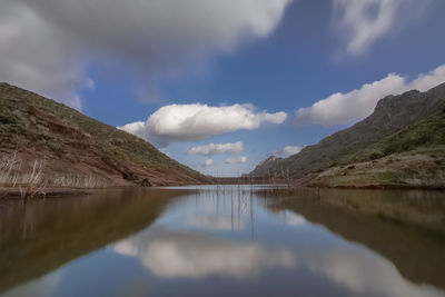 Scenic view of lake and mountains against sky