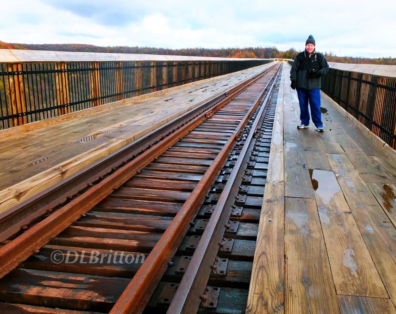 railroad track, lifestyles, full length, the way forward, men, rear view, rail transportation, leisure activity, transportation, diminishing perspective, walking, casual clothing, built structure, sky, vanishing point, railing, architecture, person