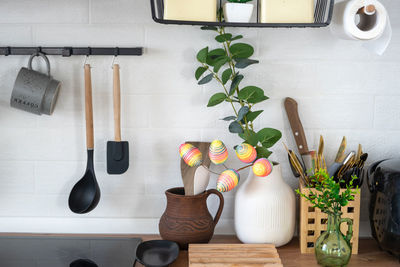 High angle view of kitchen utensils on table